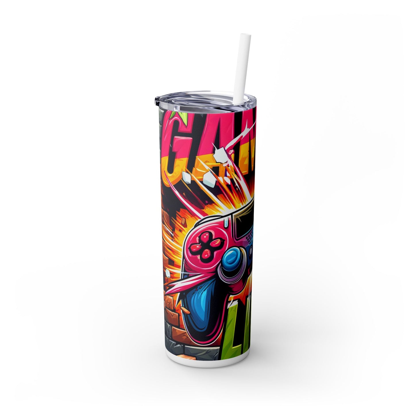 Gamer Life Skinny Tumbler with Straw, 20oz