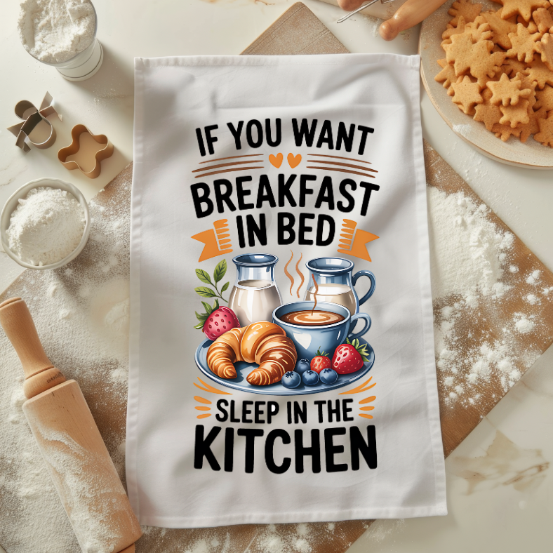 Humorous Kitchen Tea Towels- Breakfast in Bed! Printify