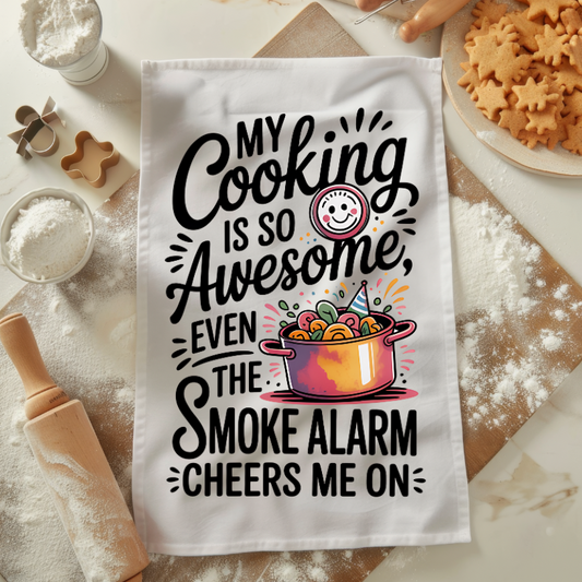 Humorous Kitchen Tea Towel- My Cooking Is Awesome!