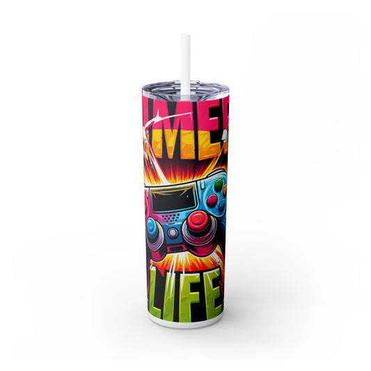 Gamer Life Skinny Tumbler with Straw, 20oz